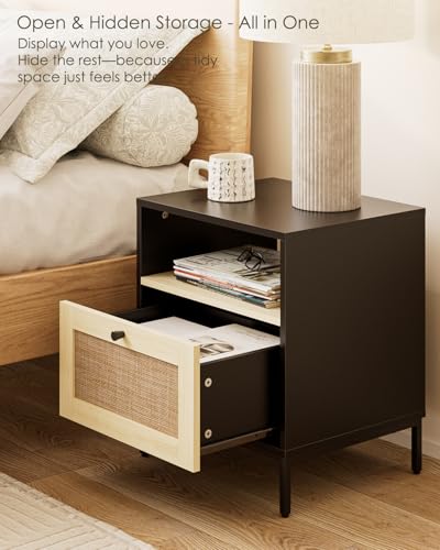 Image of Nightstand Rattan Night Stand,Large Modern Side Table Boho Farmhouse Wood Bedside Table with Storage Drawer and Open Shelf,Large End Side Table for Bedroom,Living Room,Office(Black)