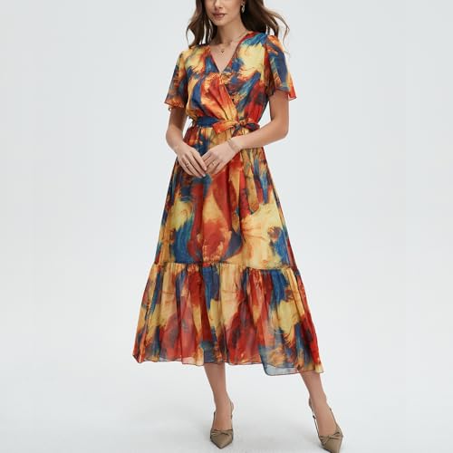 Image of Women's Summer Bohemian Floral Chiffon Dress Cap Sleeve V Neck Ruffle Long Flowy Boho Casual Vacation Dresses
