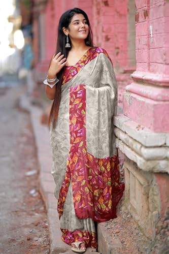 Image of MIRCHI FASHION Saree for Woman Chiffon Geometric and Leaf Printed | Lightweight Daily Regular Use Comfortable Women's Sari with Blouse Piece (Available in 15 Designs)