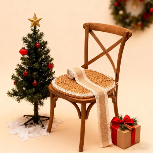2 Inch Wide Natural Burlap & White Lace Ribbon for Christmas Gift Bows，A - image 6