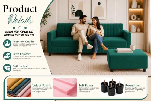 Image of Modern 3-Seater Velvet Sofa with Ottoman | Vertical Channel Tufted Backrest | Plush Cushioned Seating | Stylish Contemporary Sofa for Living Room, Bedroom & Office | Green