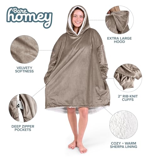 Image of Bare Home Wearable Blanket Hoodie - Soft Plush Sherpa - Warm and Cozy - Oversized Wearable Blanket