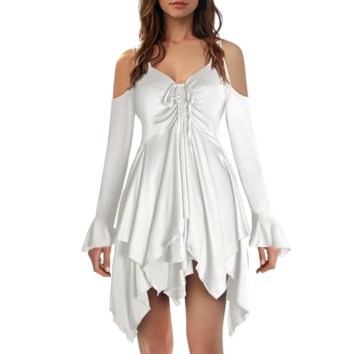 Usthirit Renaissance Fairy Dress Womens Gothic Off Shoulder Irregular Handkerchief Dress (Z3831WH 2XL)
