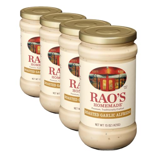 Image of Rao's Homemade Alfredo Sauce, Roasted Garlic Alfredo, 15 oz, Rich & Creamy Pasta Sauce, Carb Conscious, Keto Friendly, Premium Quality, Blend of Parmesan & Romano Cheese, Cream and Butter (Pack of 4)