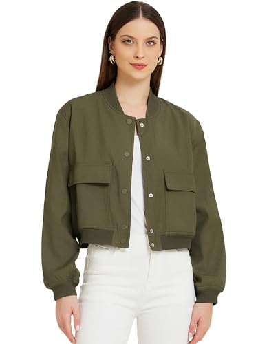 Allegra K Button Down Bomber Jacket for Women's Stand Collar Long Sleeve Casual Cropped Coat Outwear