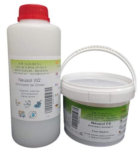Neusol FS W2 Pack Activador biológico Producto Tratamiento Fosa séptica Bacterias y enzimas. Eliminador de olores Tuberías bajantes cañerías desagües Aguas Negras y Grises