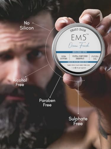 Image of EM5 Organic Beard Balm | Shape Style And Tame | Medium Hold & Shine | Long Lasting Fragrance | Mustache And Beards Wax For Him /Men (Leather Tobacco, Ocean Fresh, Woody Oud) | Pack of 3