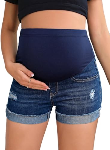 BLENCOT Maternity Shorts - Summer Over Belly Denim Jeans Pregnancy Pants XL