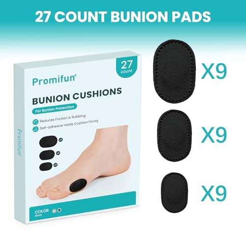 Image of Promifun Bunion Pads to Wear with Shoes - Moleskin Protect Feet for Men and Women - Water-Resistant Self-Stick Adhesive - 27 ct Bunion Cushion (Black)