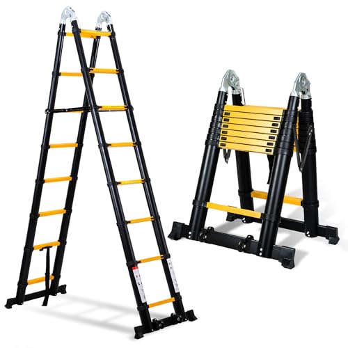 Yakimz Escalera plegable telescópica de aluminio de 5 m, antideslizante, con marco en A, estabilizador triangular y ruedas, escalera multiusos extensible hasta 150 kg de capacidad, color negro
