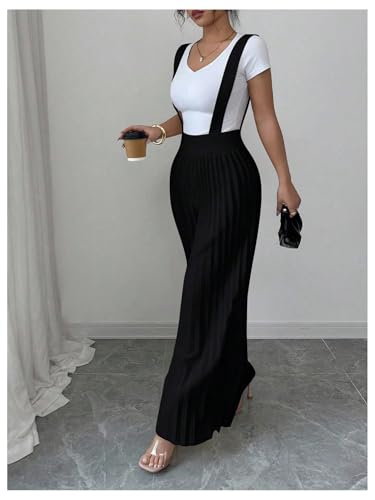 Floerns Women's Suspender Pants Elastic Waist Pleated Wide Leg Overall Jumpsuit2