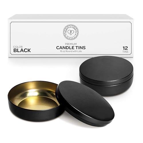 Hearts & Crafts Black Candle Tins 16 oz with Lids - 12-Pack of Bulk Candle Jars for Making Candles, Arts and Crafts, Storage, Gifts, and More - Empty Jars with Lids