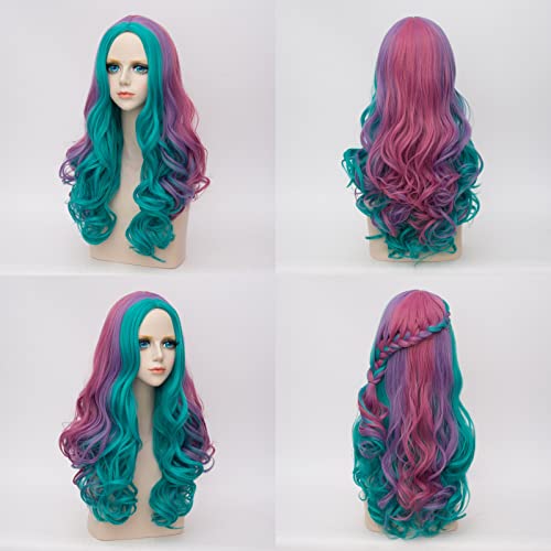 Alacos Rainbow Color Long Curly Braid Wig , 25 Inches Gothic Lolita Anime Cosplay Wig, Christmas Costume Wig For Women & Kids +Free Wig Cap (Turquoise Mix Purple Pink Green) #TOP2