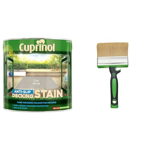 Cuprinol UTDSCS25L Anti Slip Decking Stain City Stone 2.5 Litre & Fit for The Job 4 inch Large Capacity Shed and Fence Block Brush for Rapid Painting of Sheds & Fence