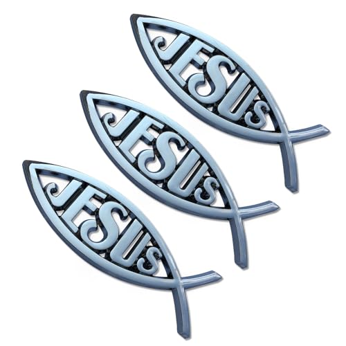 3pcs Plastic Silver Chrome Jesus Christian Fish Car Emblem Decal Sticky Back Badge & 3D Sticker for Car, Religious Symbol for Jesus