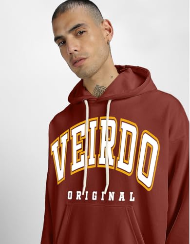 Image of Veirdo Fleece Oversized Baggy Fit Hooded Sweatshirt Drop Shoulder Typographic Logo Printed Full Sleeve Hoodie for Men (Avaiable in Colors: Copper Tan, Rust & Red)