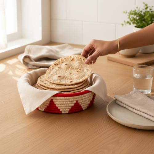 Image of Handmade Sabai Grass Date Palm Roti Box with Wooden Knob (RED TRIANGLE)