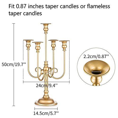 Metal Candelabra Gold Candle Stand 20In Tall, 5-Candle Candlestick Holder For Taper Candles, Candle Holder For Wedding Centerpiece Christmas Valentine Holiday Party Event Reception Decor, 2Pcs #TOP5