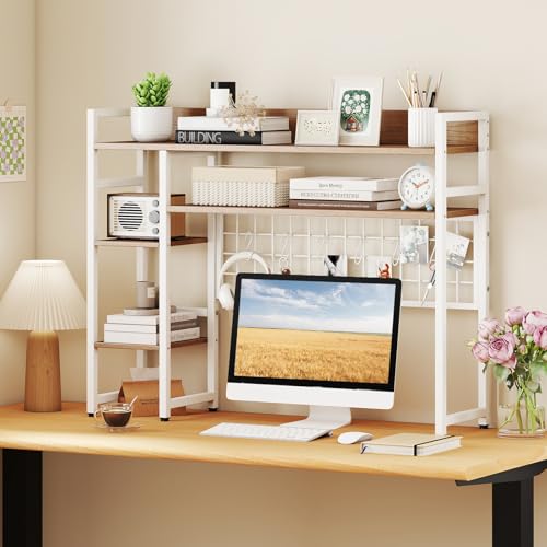Image of Tangkula Desktop Bookshelf for Computer Monitor Up to 32 inch, Countertop Storage Hutch with 4 Open Storage Shelves, Grid Panel, Anti-tip Device, 4-Tier Desktop Display Shelves for Home Office (Natural)