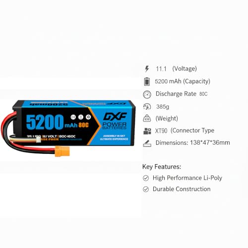 DXF 2Pack 5200mAh 11.1V 80C 3S LiPo Battery XT90, Premium Grade Hardcase High Discharge RC Battery Pack for Helicopter Airplane Boat Car Truck Buggy Crawler Drone FPV Racing 1/8 1/10 Scale - Image 2