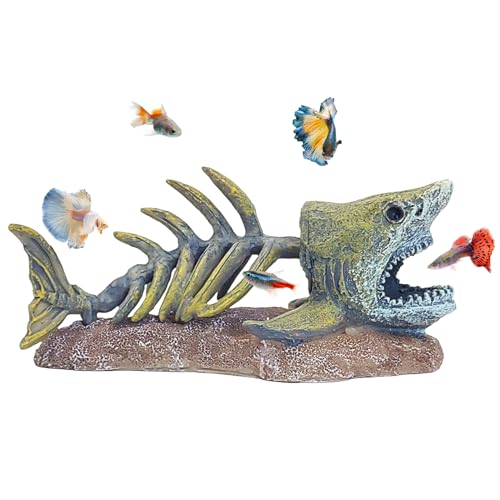 Image of kathson Fish Tank Decorations Resin Shark Skeleton Aquarium Decor Reptile Tank Accessories Ornament Fish Bone Hideout for Shrimp Lizards Geckos Spiders