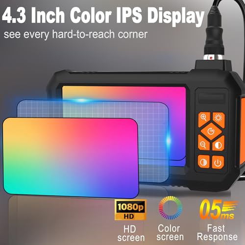 Borescope, Inspection Camera with 16.5FT Semi-Rigid Cable, Endoscope Camera with Light, IP67 Waterproof Drain Pipe Borescope Camera, 8 LED Lights, 4.3\" IPS 1080P HD Screen, Industrial Borescope