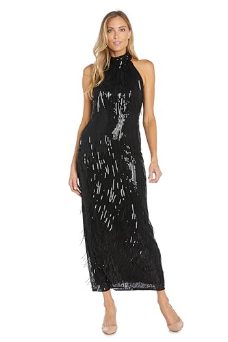 Image of R&M Richards Women's Sequined High-Neck Fringe Column Gown - Elegant Evening Dress for Formal Galas & Special Events
