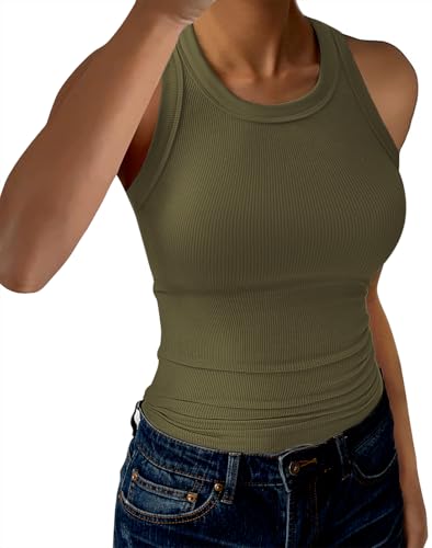 GKBK Womens Tank Tops High Neck Sleeveless Ribbed Tank Casual Basic Thick Strap Slim Fitted Racerback Shirts Solid Dark Green L