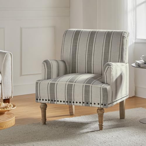 Sillón acolchado gris con patas de madera y rayas miniatura 1