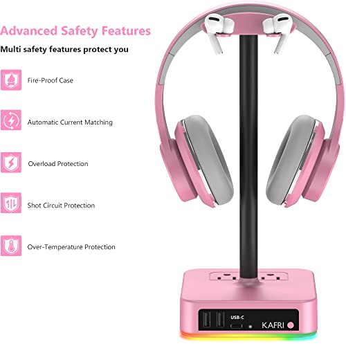 Rgb Headphone Stand With Usb Charger Kafri Desk Gaming Headset Holder Hanger Rack With 3 Usb Charging Port And 2 Outlet - Suitable For Gamer Desktop Table Game Earphone Accessories Girlfriend Gift #TOP5