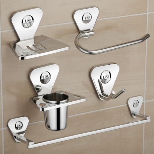Image of USF Bath Accessories Stainless Steel Combo Bathroom Accessories Set (Towel Hanger Rod, Soap Dish, Tumbler Holder, Napkin Ring, Towel Robe Hook) Bathroom Accessories- Set of 5 Pcs