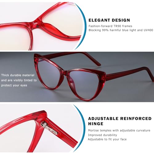 Image of Blue Light Blocking Glasses, TR90 Cat Eye Frame Computer Glasses With Anti Eyestrain & UV Glare Protection (Wine Red)