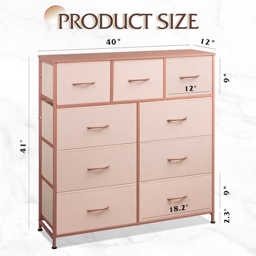 Image of WLIVE 9-Drawer Dresser, Fabric Storage Tower for Bedroom, Hallway, Entryway, Closet, Tall Chest Organizer Unit with Fabric Bins, Steel Frame, Wood Top, Easy Pull Handle, Pink