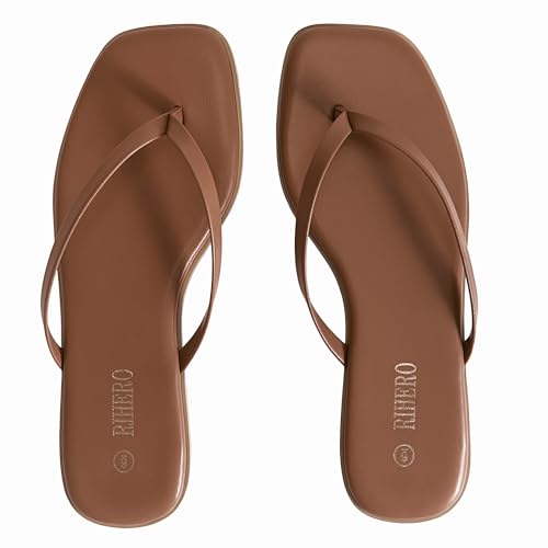 Image of Rihero Flip Flops for Women Comfortable Square Toe Beach Sandals Slip On Leather Thong Flat Sandals Dressy