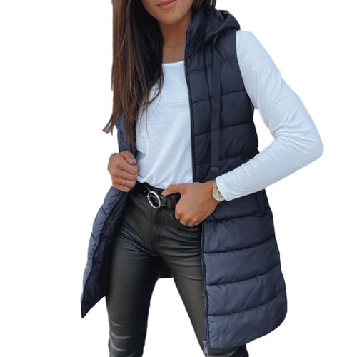 KVOTUU Long Puffer Vest Women Casual Sleeveless Puffy Jacket Quilted Hooded Vests Padded Coat Fall Winter Outerwear Gilet Navy