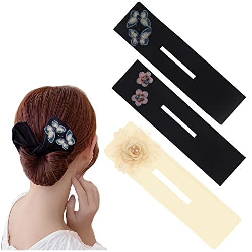 3PCS Fashion Flower Butterfly Hair Bun Maker Hand Embroidered Flowers Deft Bun For Hair Twister Lazy Hair Curler Bun Maker Deft bun Make For Women Girls (3pcs style 4)