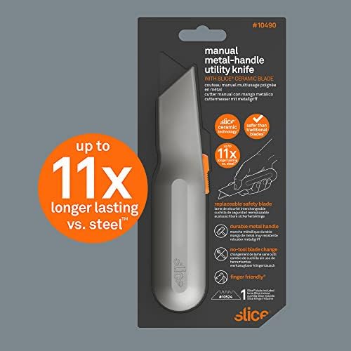 Slice 10490 Utility Knife, Finger Friendly Ceramic, 3 Cutting Depths, Heavy Metal Handle, Comfortable Grip, Stores Extra, Ambidextrous, Easy Change, Locking Blade