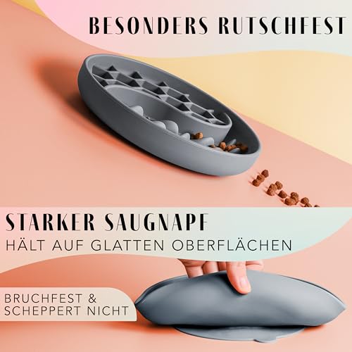 ne&no® Anti Schling Napf für Hunde und Katzen I Slow Feeder I Leckmatte Hund mit großem Saugnapf I Schleckmatte Katze für Nassfutter und Trockenfutter (Grey Blue)