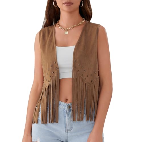 YILEEGOO Colete com borlas para mulher dos anos 70, rebite de camurça sintética, sem mangas, com franjas, frente aberta, estilo boémio, casaco ocidental, Castanho claro, L
