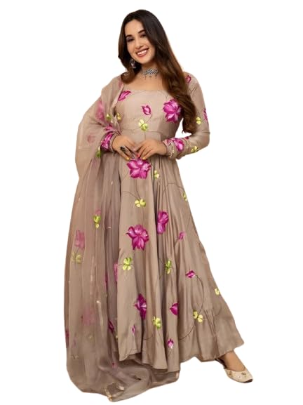 Women Floral Printed Anarkali Gown with Dupatta | Elegant Ethnic Dress for Women | Designer Long Flared Kurta Gown for Wedding, Festive-image-14