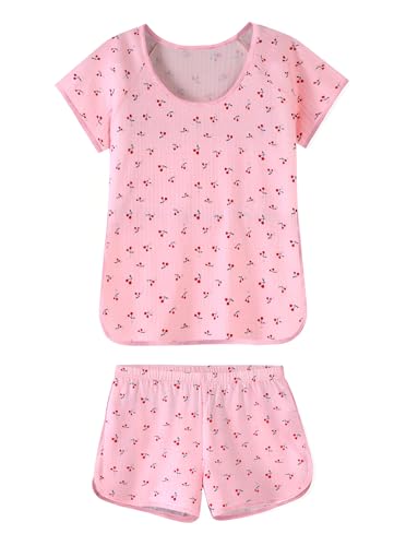 Image of Hilinker Women Cute Cherry Pajama Set Short Sleeve Top with Shorts Sleepwear 2 Piece Lounge Sets Pink Red Cherry Small