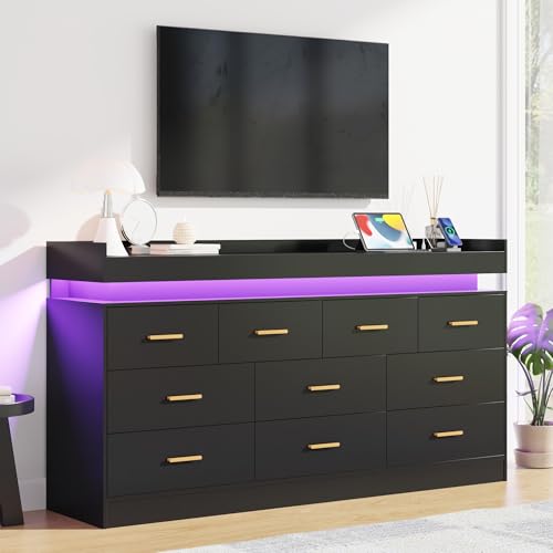 Image of Hlivelood 10 Drawer Dresser with LED Lights & Charging Station, Wide Wooden Chest of Drawers for Bedroom, Storage Organizer Cabinet, Modern TV Stand Dresser for Closet, Living Room, Hallway, Black