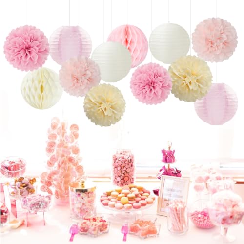 Image of Pink Beige Yellow Party-Decorations Paper-Flowers - 15pcs Tissue Pom Poms Lanterns Streamers,Birthday Baby Bridal Shower Bachelorette Hanging Supplies Hugfond