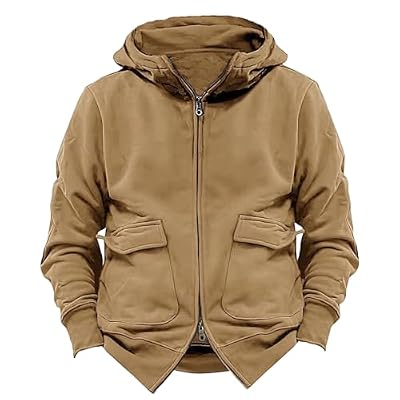Men Two-Way Zipper Sweatshirt Stylish Vintage Distressed Tactical Shirts Acid Washed Long Sleeve Pullover Khaki