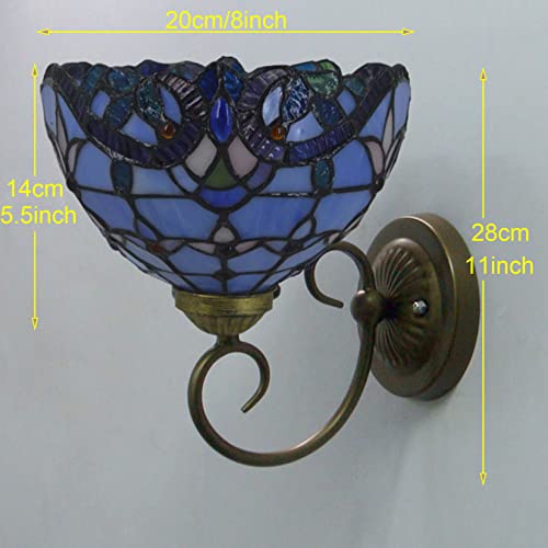 Image of Tiffany Wall Lamp Sconce Light Fixtures Set of Two, Wall Amout Lamp, 8 in Hand-Made Baroque Stained Glass Shade LED Wall Lights for Bedroom Living Room Hallway Kitchen,Blue,2PCS
