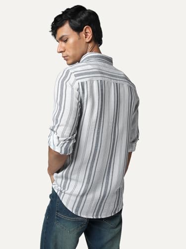 Image of Urbano Fashion Men's Cotton Full Sleeve Relaxed Fit Linen Striped Shirt with Spread Collar