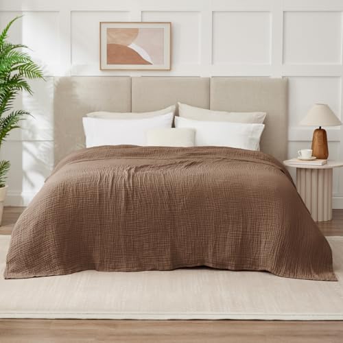 Image of 100% Cotton Muslin Blanket California King 120 inch x 90 inch, 6 Layers Breathable and Lightweight Oversized Blankets for Bed, Soft Cooling Gauze Blanket for Adults All Season, Tan