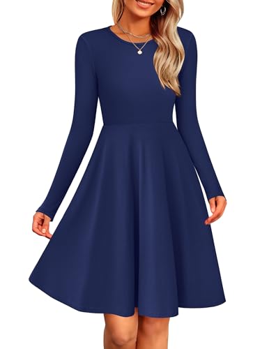 Zeagoo Damen Kleid Langarm Elegant A-Linie Strickkleid Casual Rundhals Herbstkleid Winter Leichte Pulloverkleid Einfarbig Tunikakleid Marineblau S