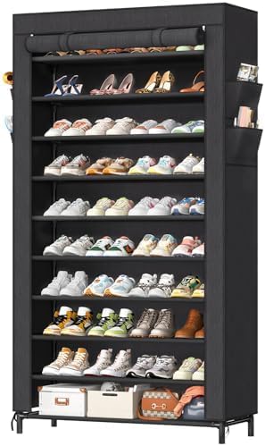 Simple Trending Tall Shoe Rack Organizer Holds 40 Pairs, 10 Tier Large Capacity Shoe Cabinet Storage with Cover for Closet, Black