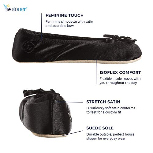 isotoner Ballerina Slippers for Women – Soft Satin House Shoes with Bow and Suede Sole – Classic Comfy Travel and… - Image 3